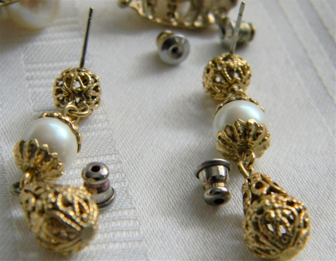 p255 Vintage Three Pair Pretty Gold Tone Earrings with Faux Pearls Dangle and Stud