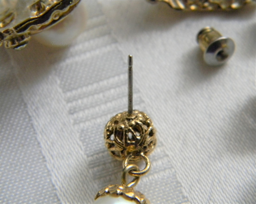 p255 Vintage Three Pair Pretty Gold Tone Earrings with Faux Pearls Dangle and Stud