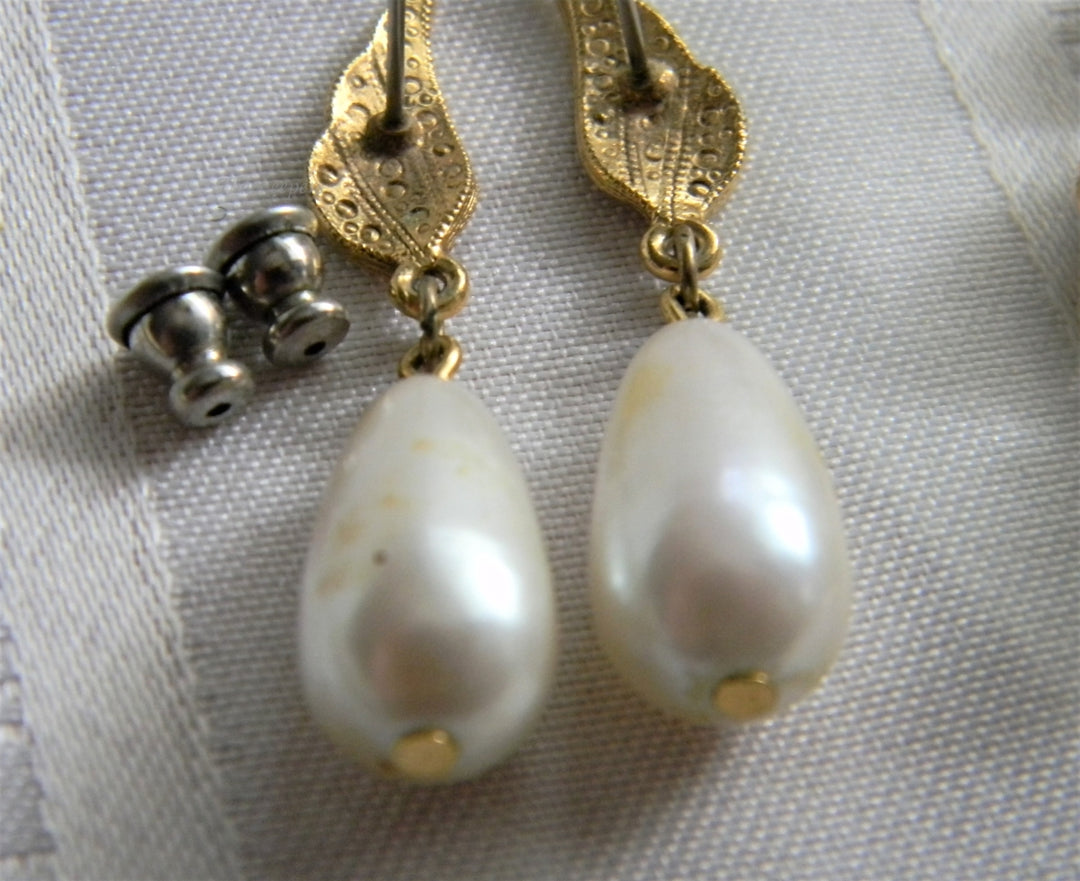 p255 Vintage Three Pair Pretty Gold Tone Earrings with Faux Pearls Dangle and Stud