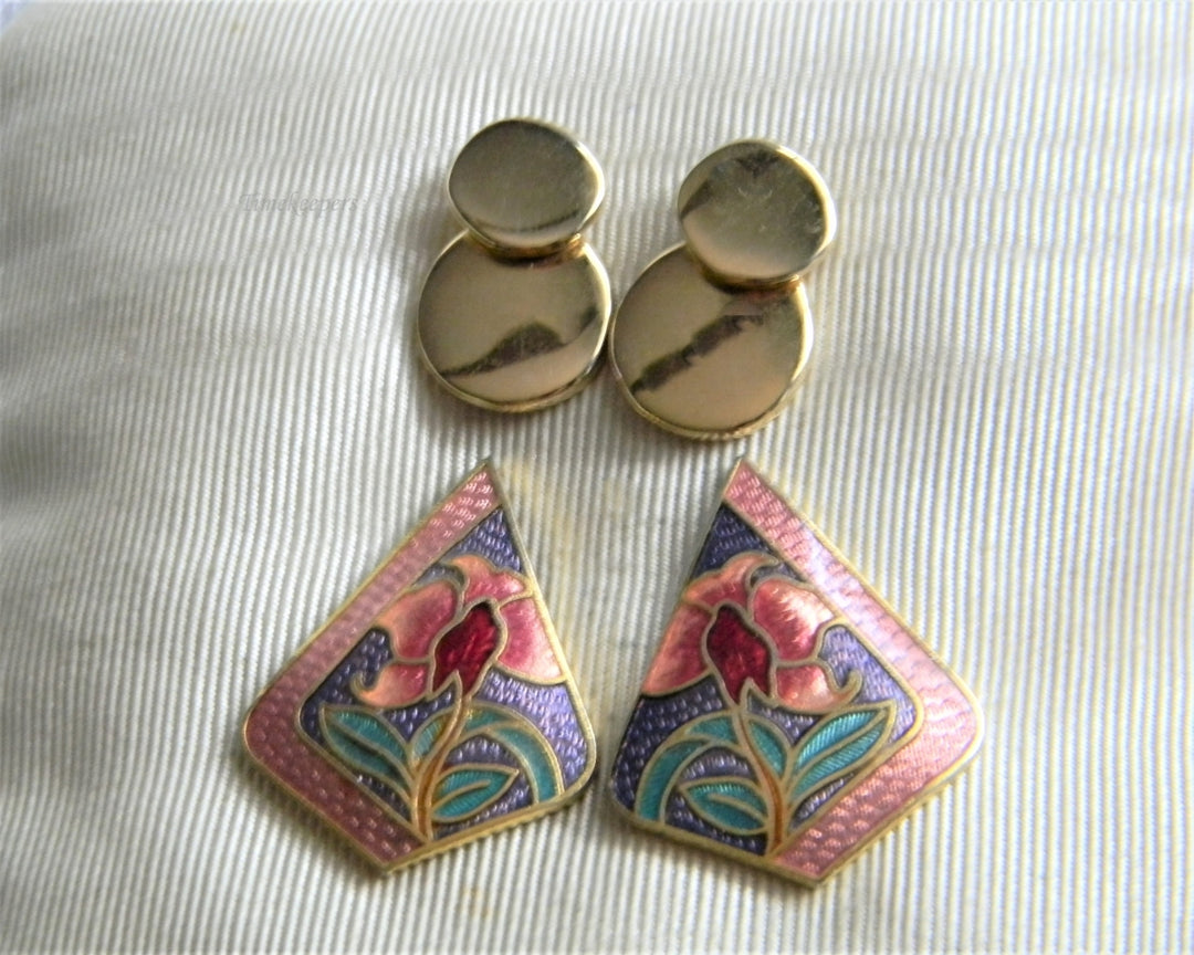 p257 Two Pair Pretty Gold Tone Stud Earrings with Cloisonne Finish on One pr
