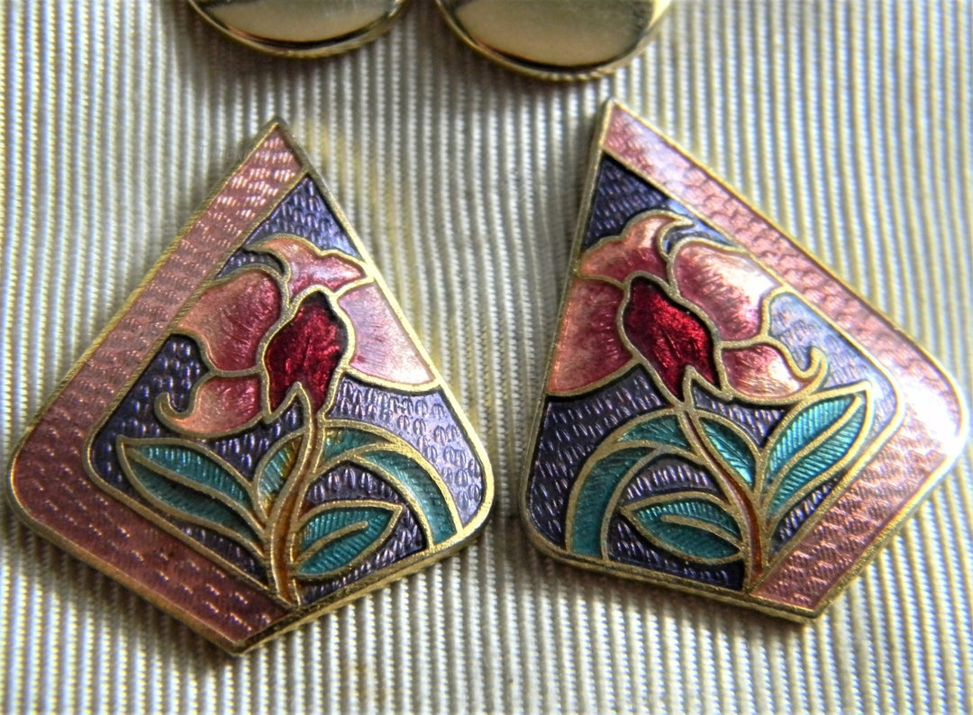 p257 Two Pair Pretty Gold Tone Stud Earrings with Cloisonne Finish on One pr