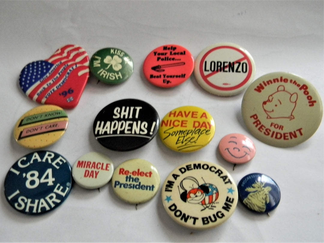p277 Lot of 14 Various Buttons, Have a nice Day Someplace Else, Miracle Day