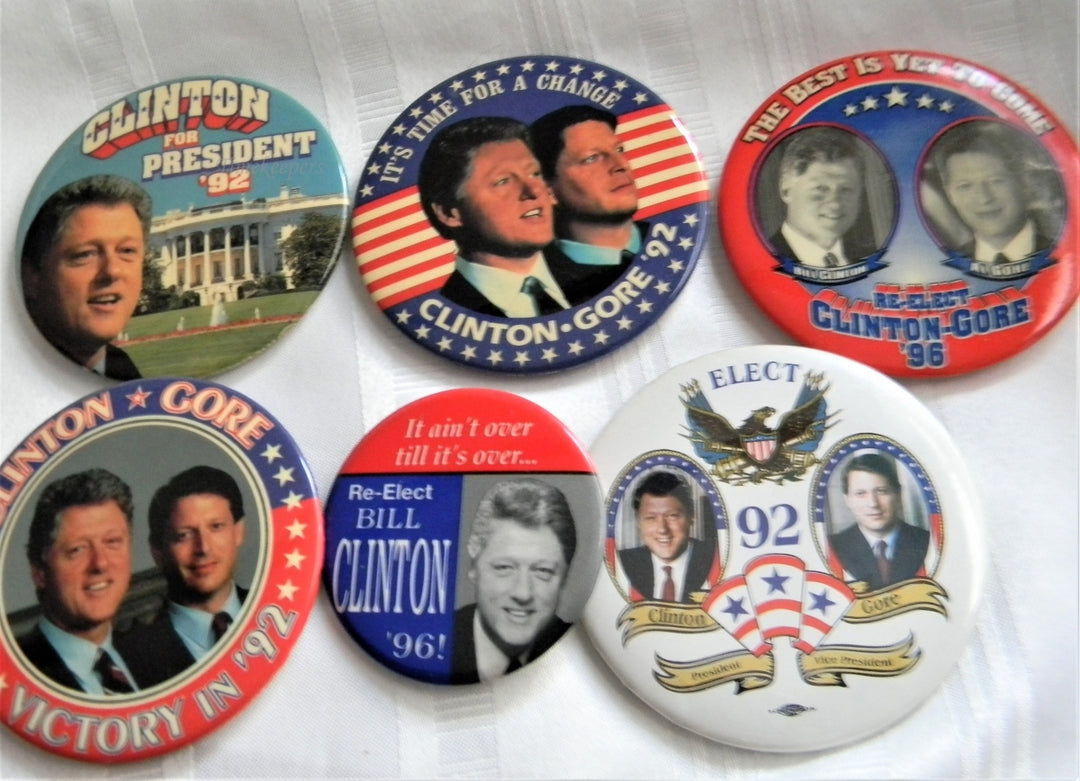 p279 Lot of Six Campaign Buttons, '92 and '96 Clinton - Gore