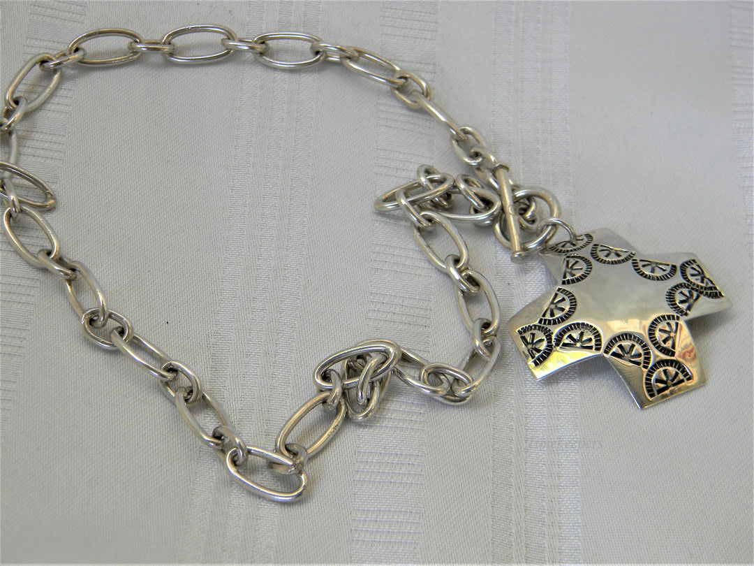 j341 Beautiful Unique Stamped Cross with Heavy Chain Toggle Clasp