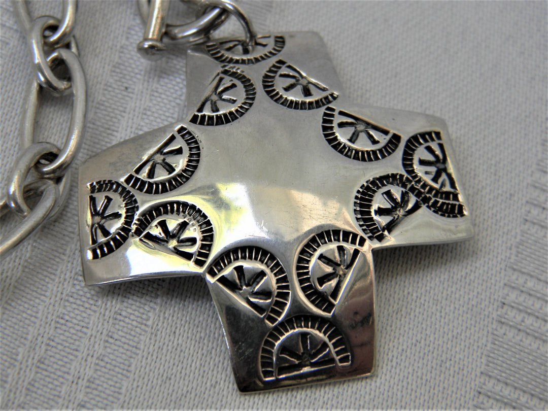 j341 Beautiful Unique Stamped Cross with Heavy Chain Toggle Clasp