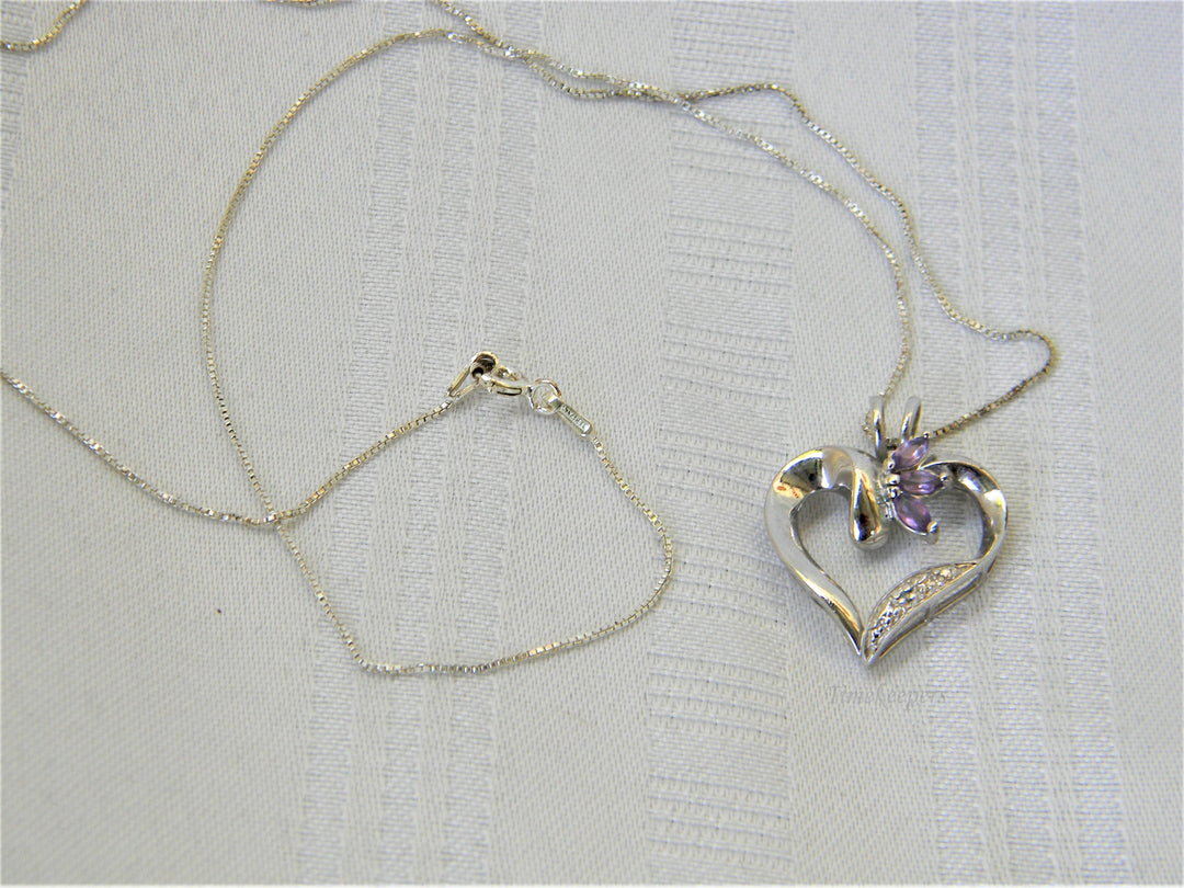j342 Beautiful Sterling Silver Heart Pendant with Purple Stones on 18" Box Chain