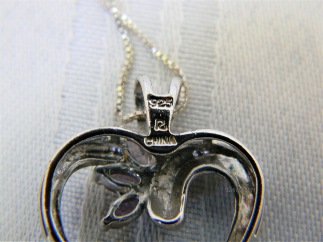 j342 Beautiful Sterling Silver Heart Pendant with Purple Stones on 18" Box Chain