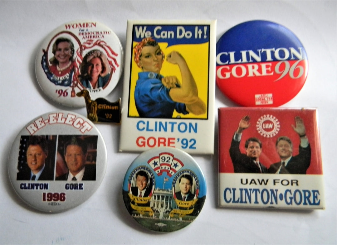 p283 Lot of Seven Campaign Buttons Lapel Pin, 1992 and '96 Clinton - Gore