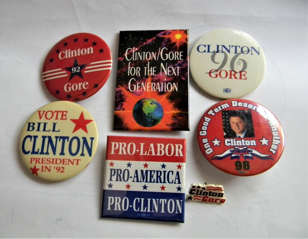p284 Lot of Seven Campaign Buttons Lapel Pin, '92 and '96 Clinton - Gore