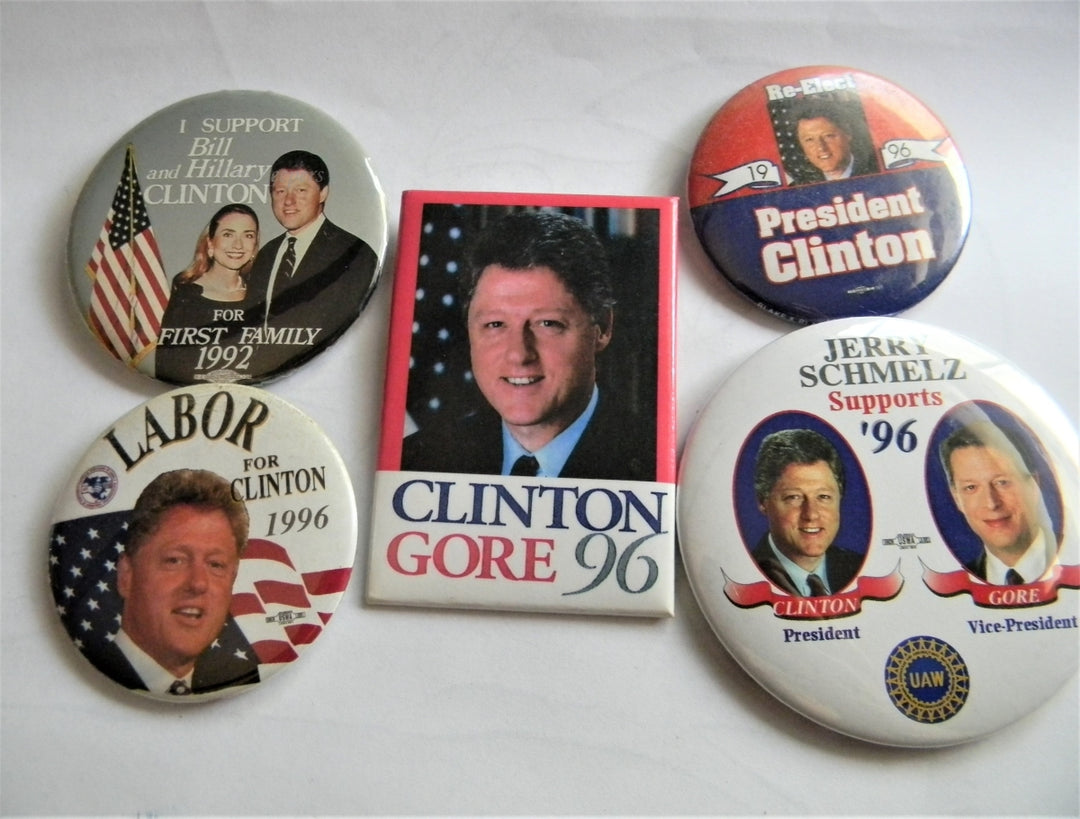 p285 Lot of Five Campaign Buttons - Pins, '92 and '96 Clinton - Gore