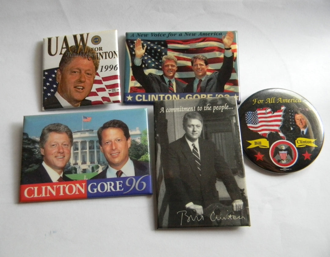 p291 Lot of Five Rectangle Campaign Buttons - Pins, '92 and '96 Clinton - Gore