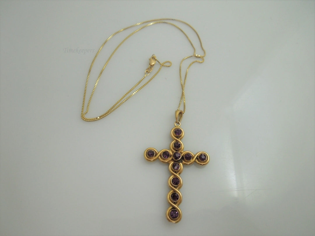 c397 Gorgeous 14kt Yellow Gold 20" Long Box Chain and Purple Stone Cross