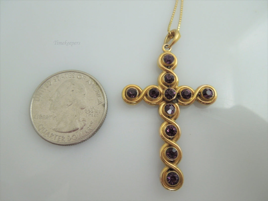 c397 Gorgeous 14kt Yellow Gold 20" Long Box Chain and Purple Stone Cross