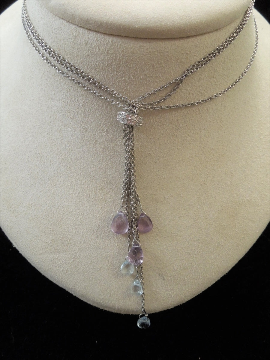 g990 Beautiful Sterling Silver Necklace Dangling Amethyst and Aquamarine Stones