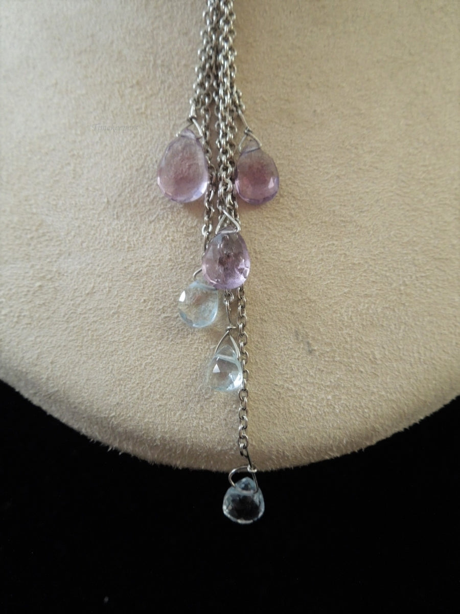 g990 Beautiful Sterling Silver Necklace Dangling Amethyst and Aquamarine Stones