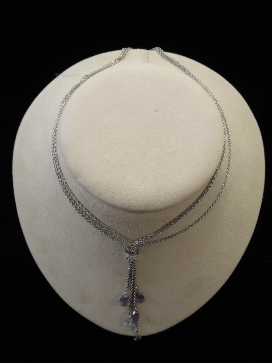 g990 Beautiful Sterling Silver Necklace Dangling Amethyst and Aquamarine Stones