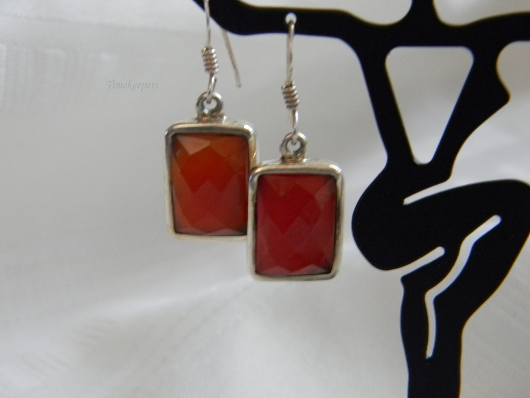 h431 Beautiful Sterling Silver Dangle Earrings with Faceted Dark Orange Stones