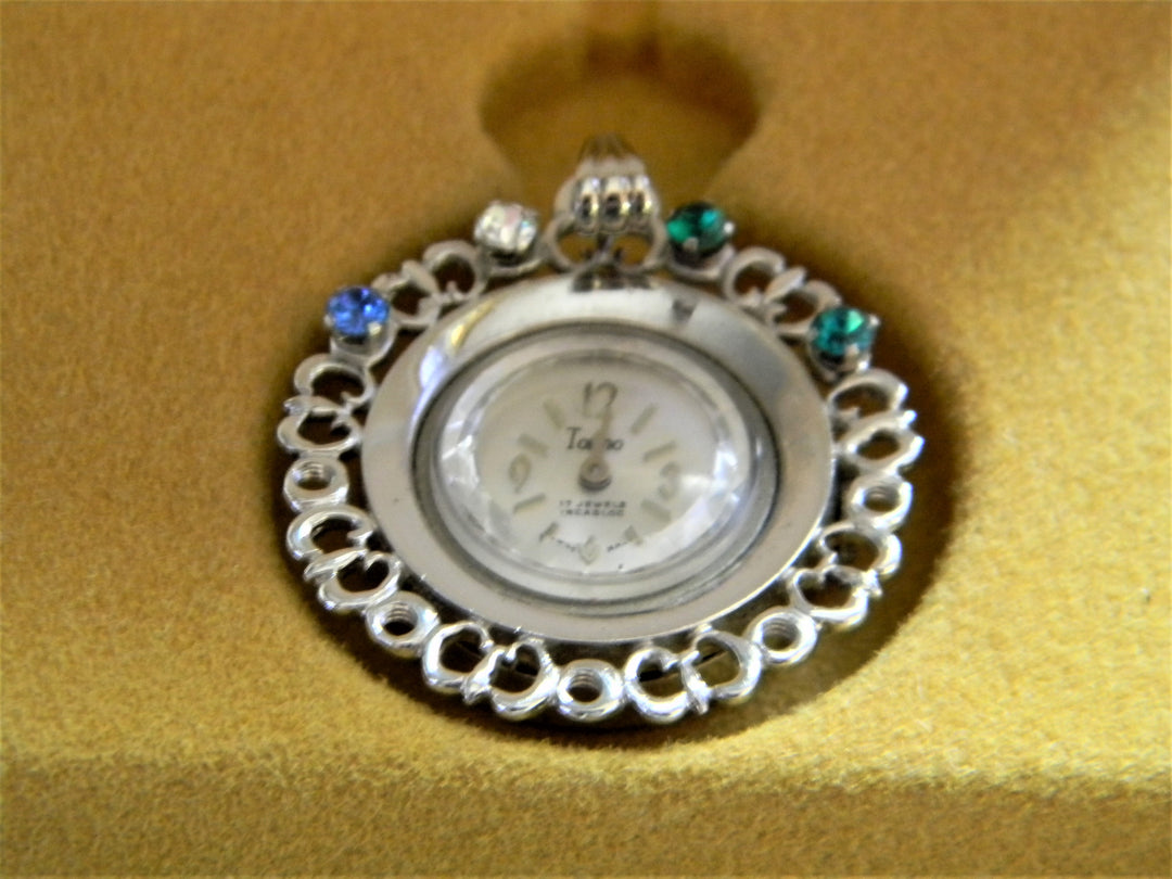 h438 Beautiful Silver tone Pendant Watch with Colored Stones