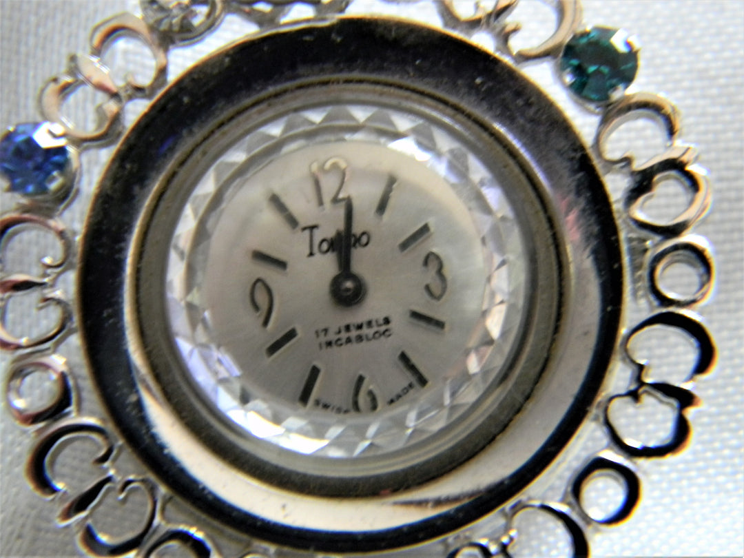 h438 Beautiful Silver tone Pendant Watch with Colored Stones