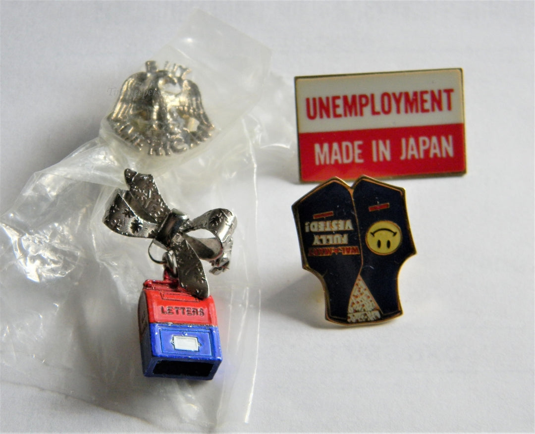 p318 Lot of Four Lapel Pins,Buy American, Mail Box, Walmart, Unemployment