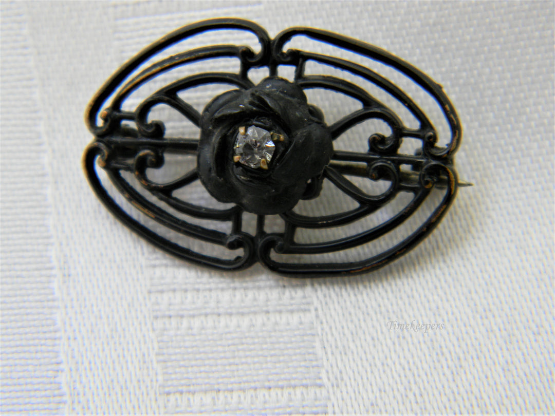 j388 Unique Vintage Black Brooch with Clear Center Stone