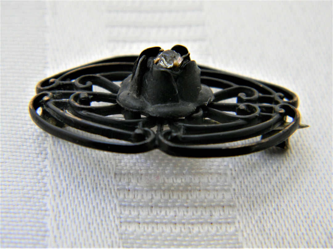 j388 Unique Vintage Black Brooch with Clear Center Stone