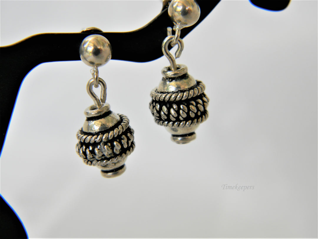 j393 Pretty Little Sterling Silver Ornate Bead Dangle Earrings