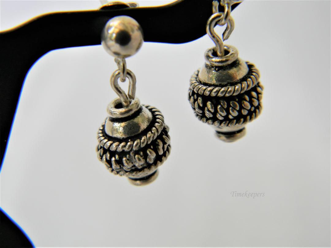 j393 Pretty Little Sterling Silver Ornate Bead Dangle Earrings