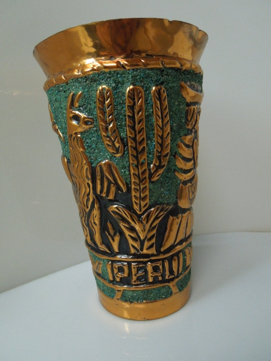 s983 Vintage Peruvian Handmade Copper Cup with Symbols and Animals. Copper is Hand Hammered and Embossed, REPOUSSE