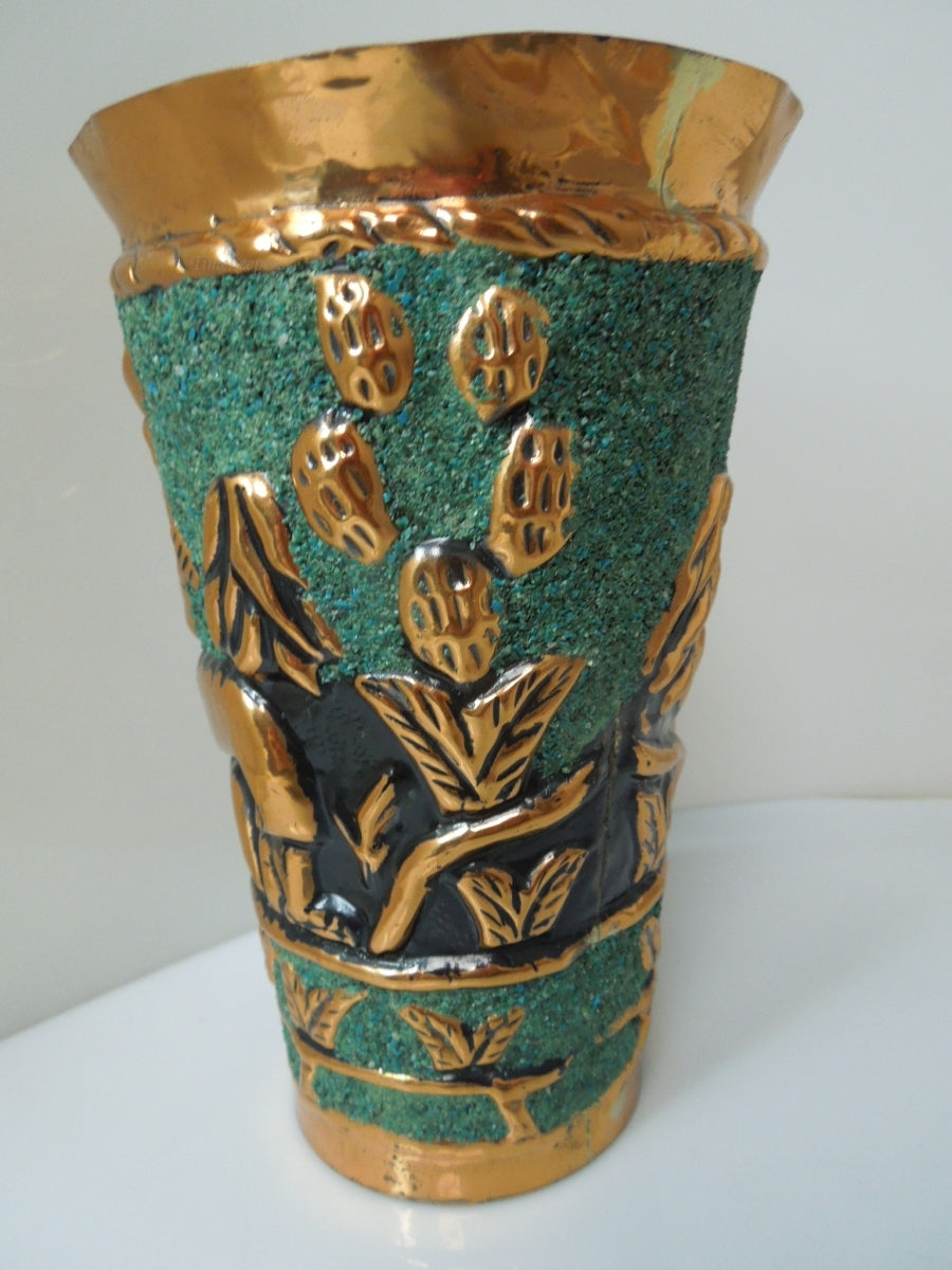 s983 Vintage Peruvian Handmade Copper Cup with Symbols and Animals. Copper is Hand Hammered and Embossed, REPOUSSE