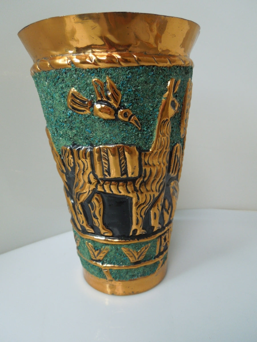 s983 Vintage Peruvian Handmade Copper Cup with Symbols and Animals. Copper is Hand Hammered and Embossed, REPOUSSE