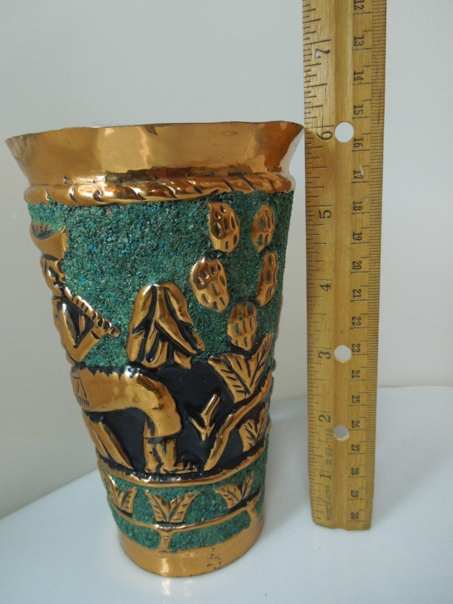 s983 Vintage Peruvian Handmade Copper Cup with Symbols and Animals. Copper is Hand Hammered and Embossed, REPOUSSE