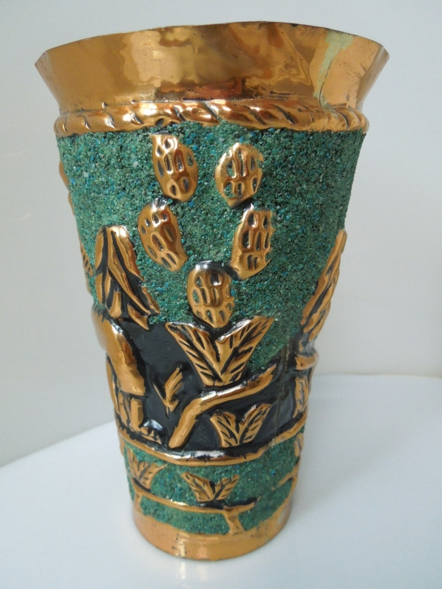 s983 Vintage Peruvian Handmade Copper Cup with Symbols and Animals. Copper is Hand Hammered and Embossed, REPOUSSE