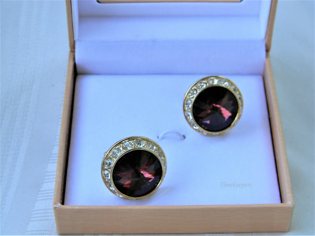 j400 Vittorio Vico Dark Red Stone and Rhinestone Cuff Links in Gold Tone in Box
