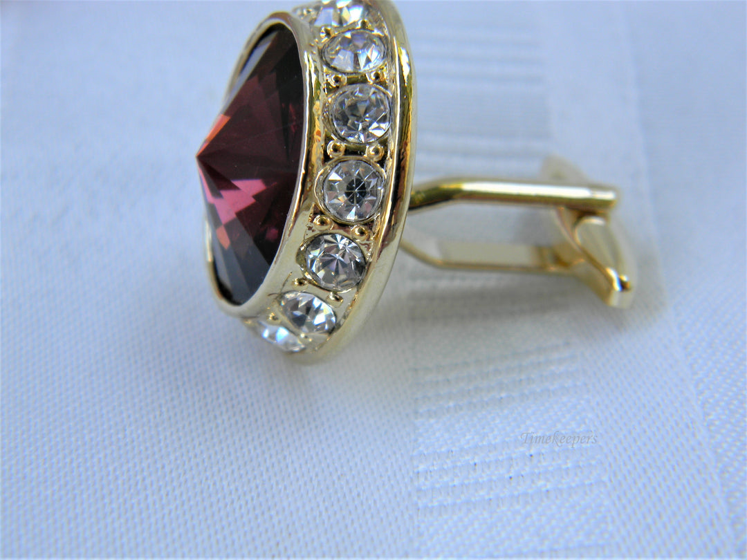 j400 Vittorio Vico Dark Red Stone and Rhinestone Cuff Links in Gold Tone in Box