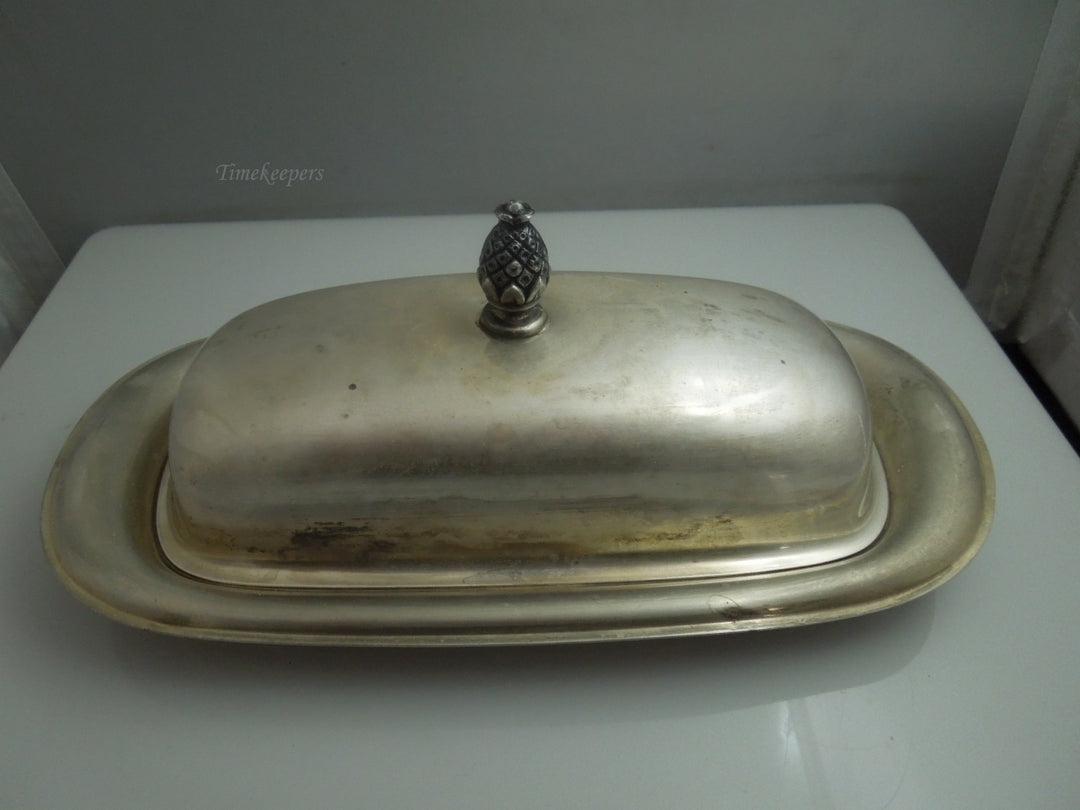 q023 Vintage Silver Plated with Glass Insert Pineapple Handle Domed Butter Dish