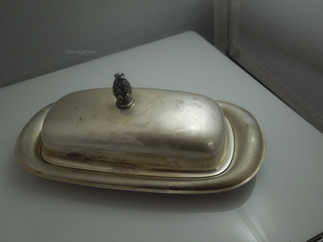 q023 Vintage Silver Plated with Glass Insert Pineapple Handle Domed Butter Dish