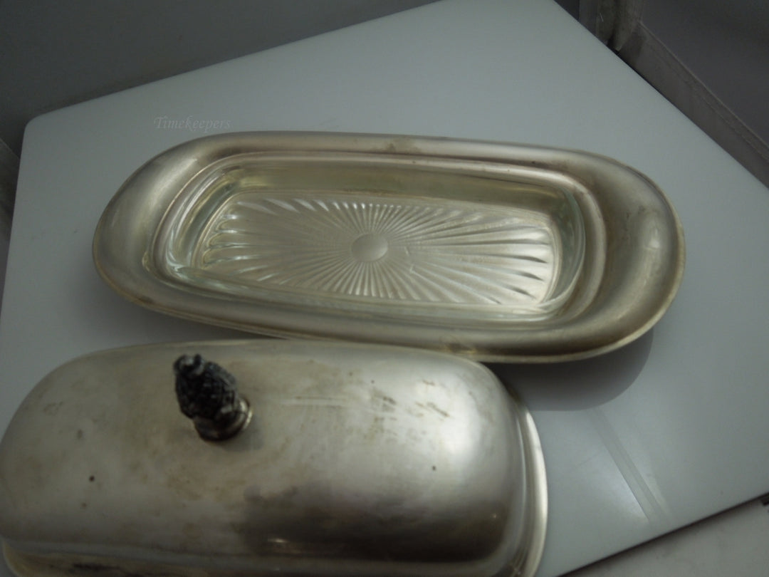 q023 Vintage Silver Plated with Glass Insert Pineapple Handle Domed Butter Dish