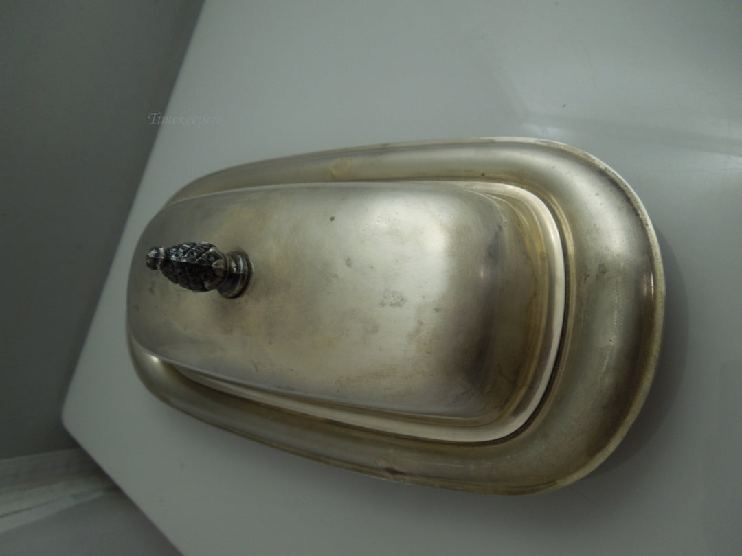 q023 Vintage Silver Plated with Glass Insert Pineapple Handle Domed Butter Dish