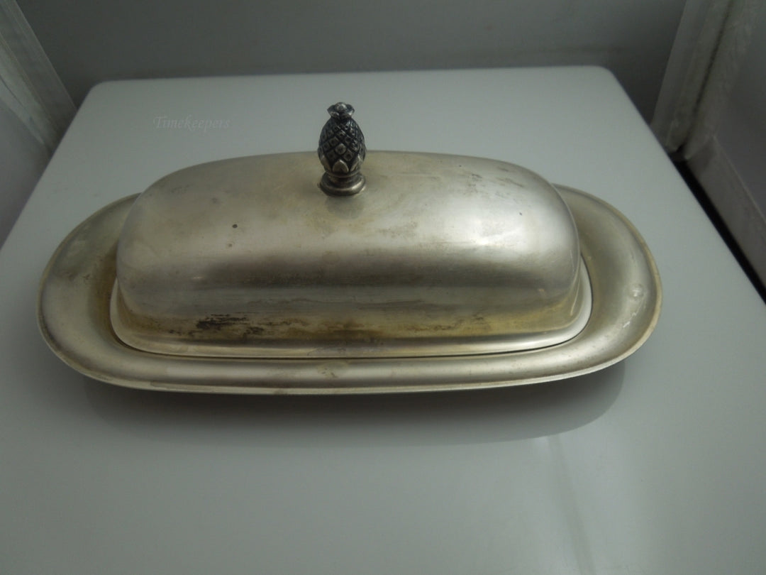 q023 Vintage Silver Plated with Glass Insert Pineapple Handle Domed Butter Dish