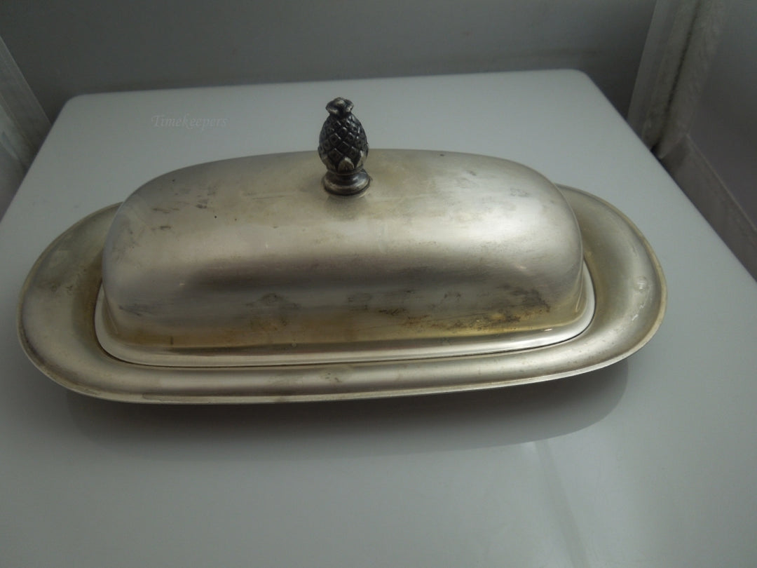 q023 Vintage Silver Plated with Glass Insert Pineapple Handle Domed Butter Dish