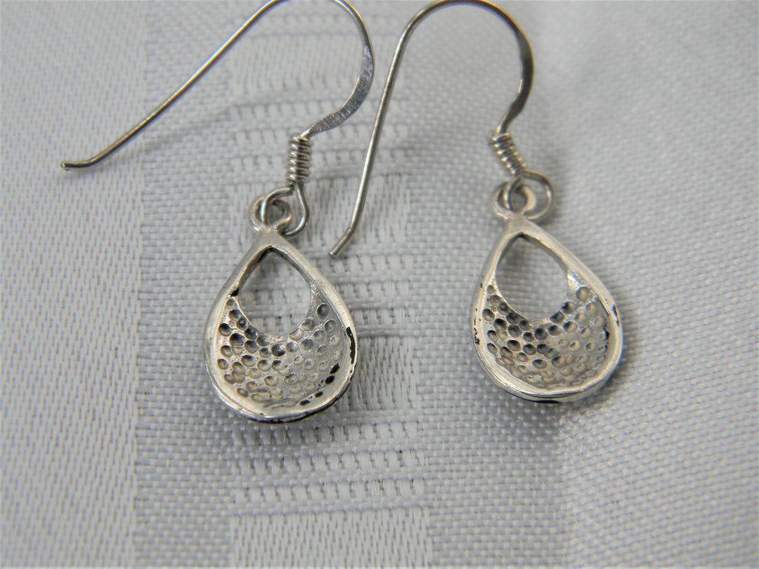 j416 Pretty Sterling Silver Dangle Earrings with Black Enamel Design