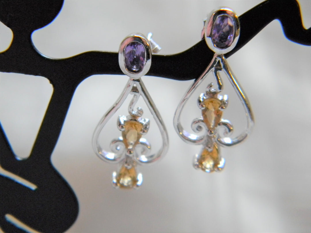 h478 Stunning Sterling Silver Post Drop Earrings with Purple and Gold Stones