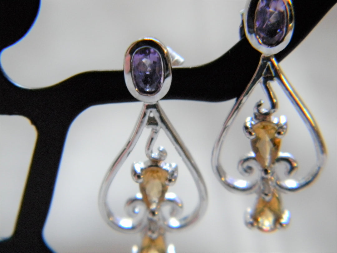 h478 Stunning Sterling Silver Post Drop Earrings with Purple and Gold Stones