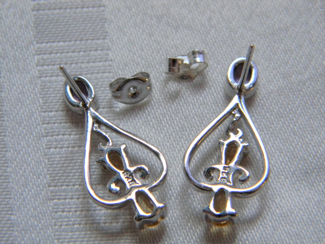 h478 Stunning Sterling Silver Post Drop Earrings with Purple and Gold Stones