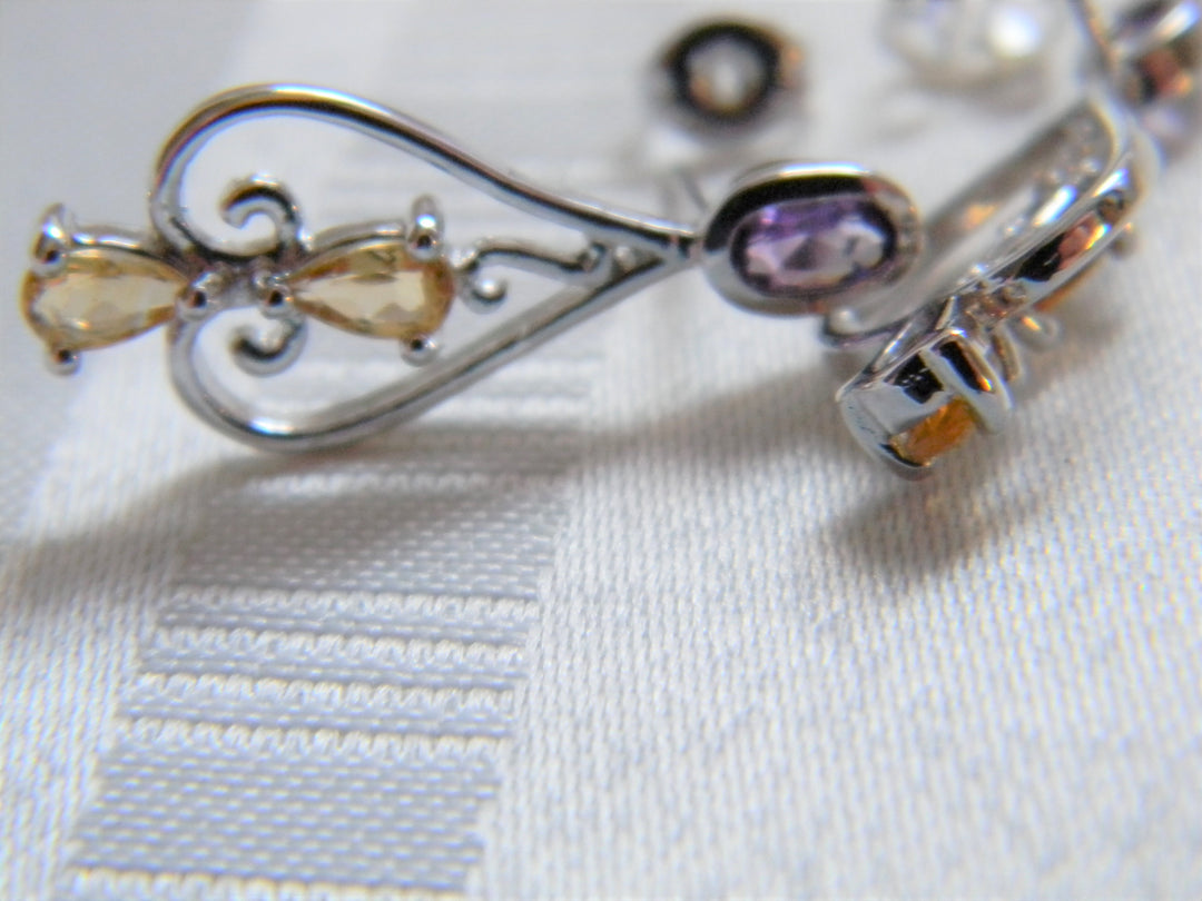 h478 Stunning Sterling Silver Post Drop Earrings with Purple and Gold Stones