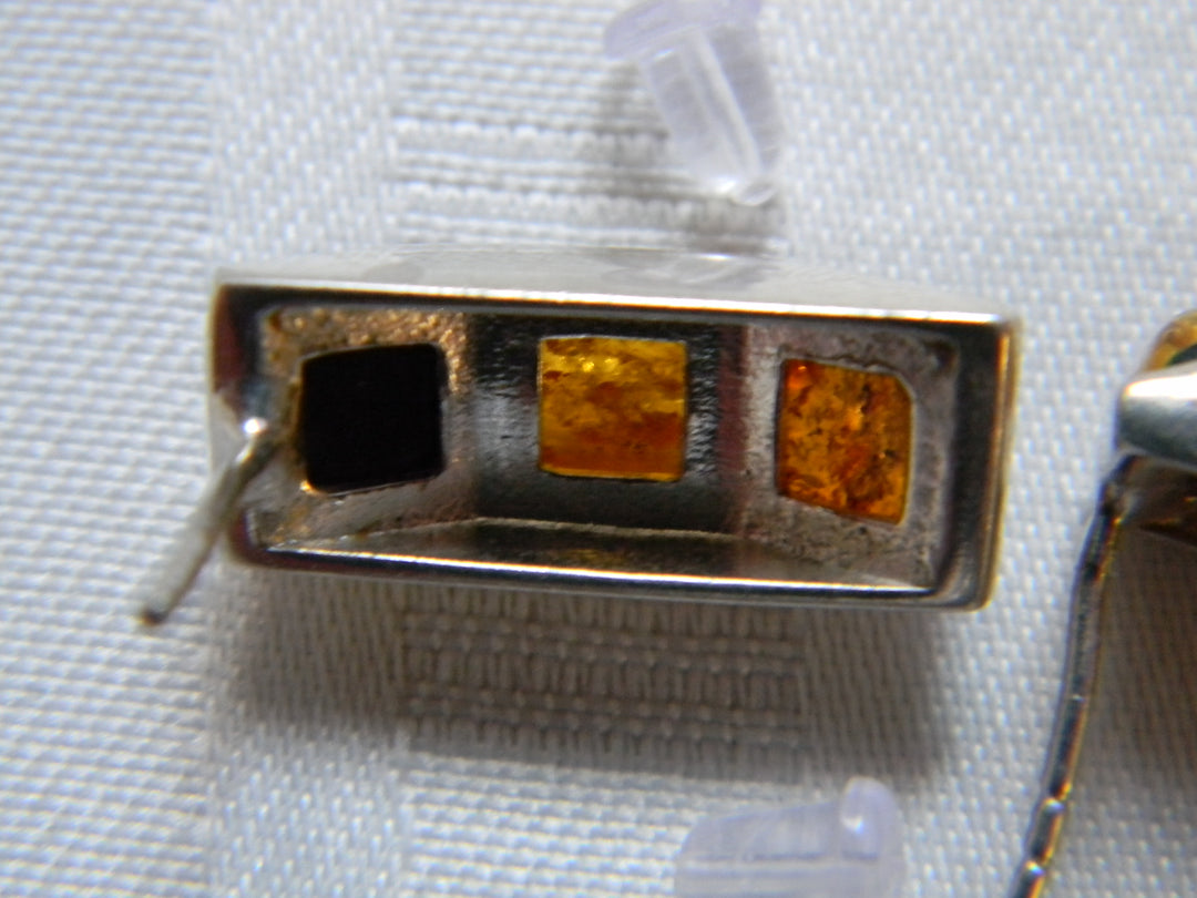 h485 Unique Sterling Silver Stud Pierced Earrings with Gold Glitter Resin Stones