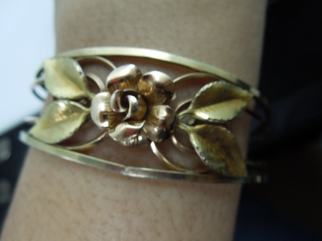 q098 Vintage Krementz 14k Gold Overlay Rose Flower Cuff Bracelet