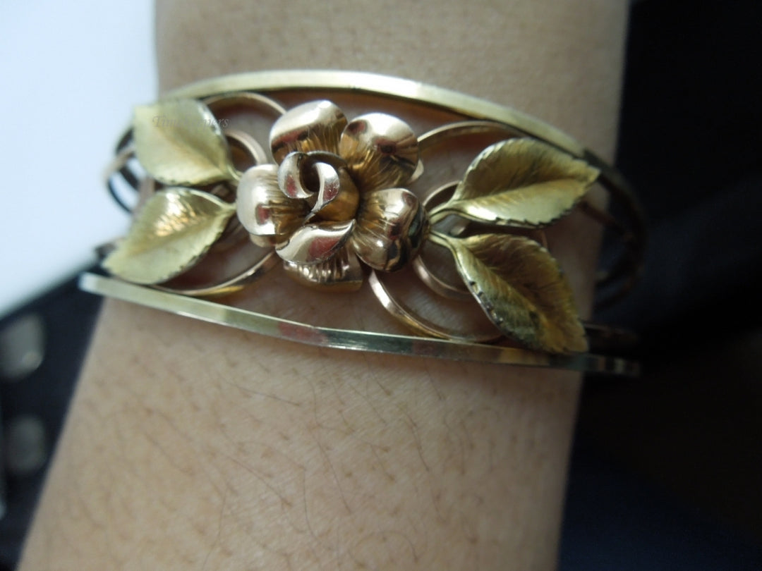 q098 Vintage Krementz 14k Gold Overlay Rose Flower Cuff Bracelet