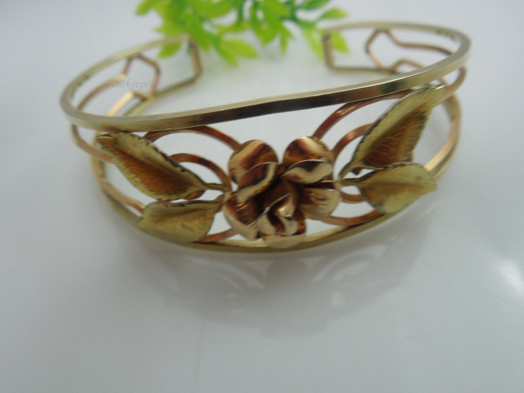 q098 Vintage Krementz 14k Gold Overlay Rose Flower Cuff Bracelet